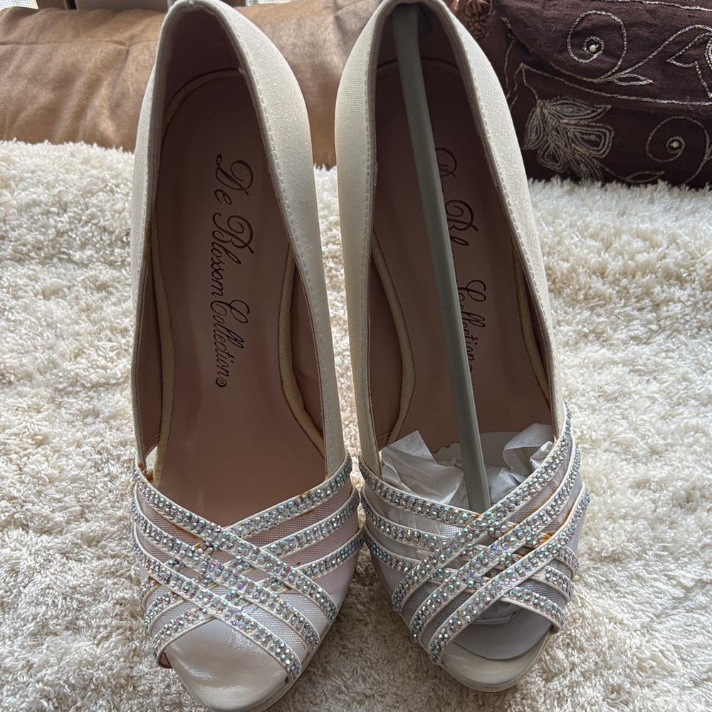 De Blossom Collection Cream Rhinestone Peep-Toe Heels